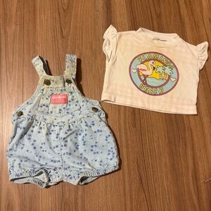 Vintage OshKosh B'gosh Light Blue Floral Overalls & T-Shirt